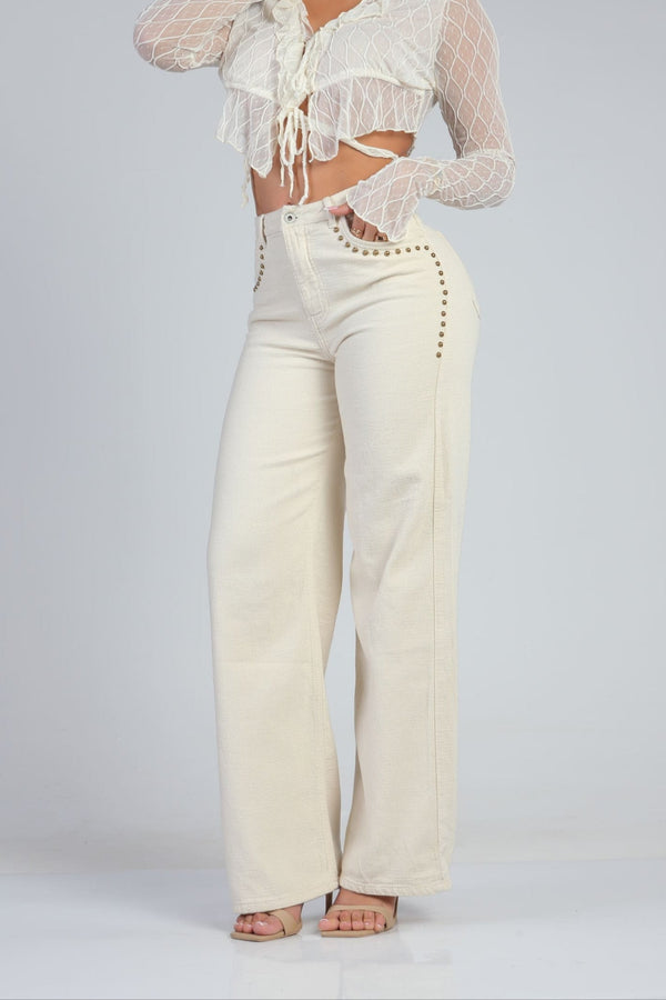 Pantalón bota recta Jacquard beige.